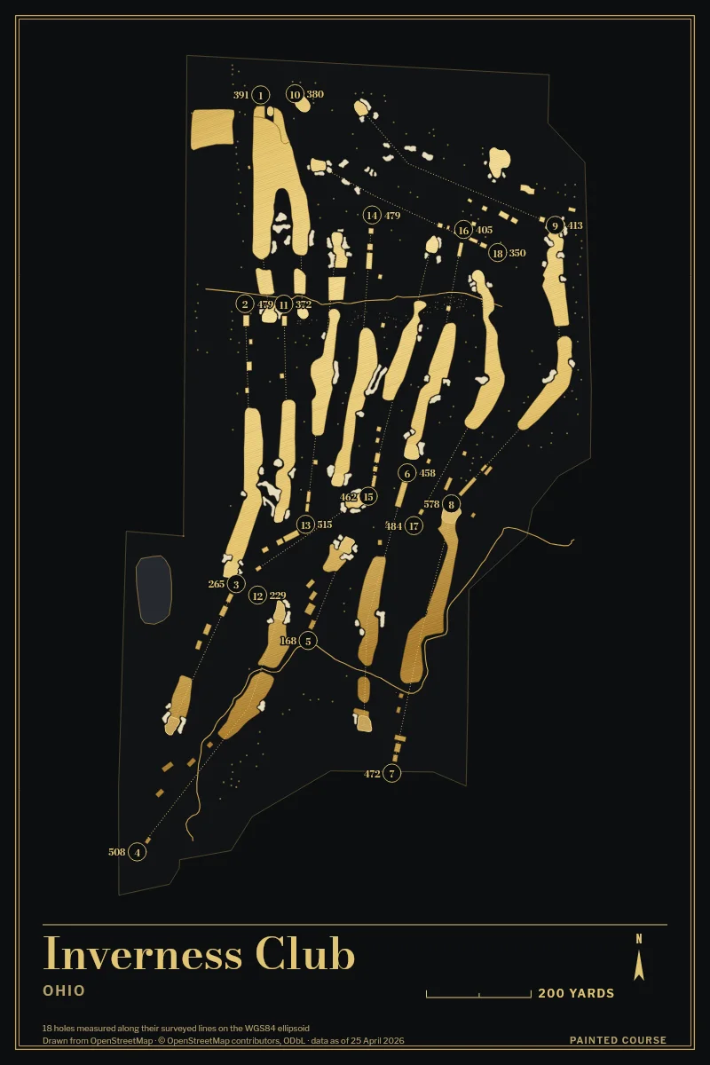 Inverness Club, Ohio, USA, drawn in the Gilt style from its OpenStreetMap survey: 18 holes, each numbered at its tee with its measured yards beside it.