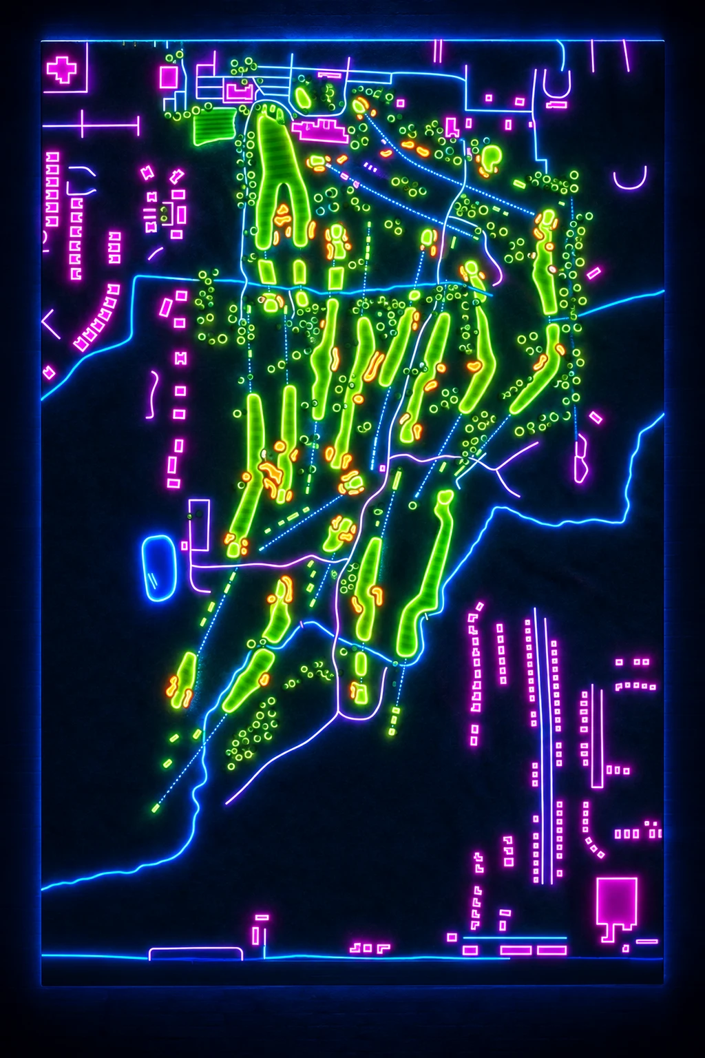 Inverness Club, Ohio, USA, seen from above and painted in the Neon manner: the routing of its 18 holes, its greens and its bunkers, in paint.