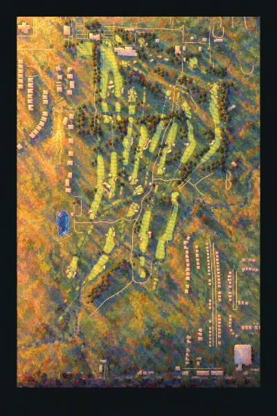 Inverness Club, Ohio, USA, drawn in the Gilt style from its OpenStreetMap survey: 18 holes, each numbered at its tee with its measured yards beside it.