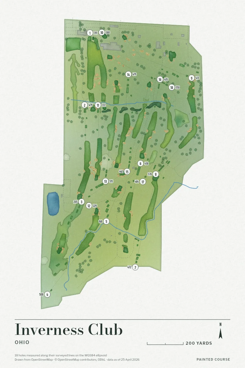 Inverness Club, Ohio, USA, drawn in the Watercolour style from its OpenStreetMap survey: 18 holes, each numbered at its tee with its measured yards beside it.