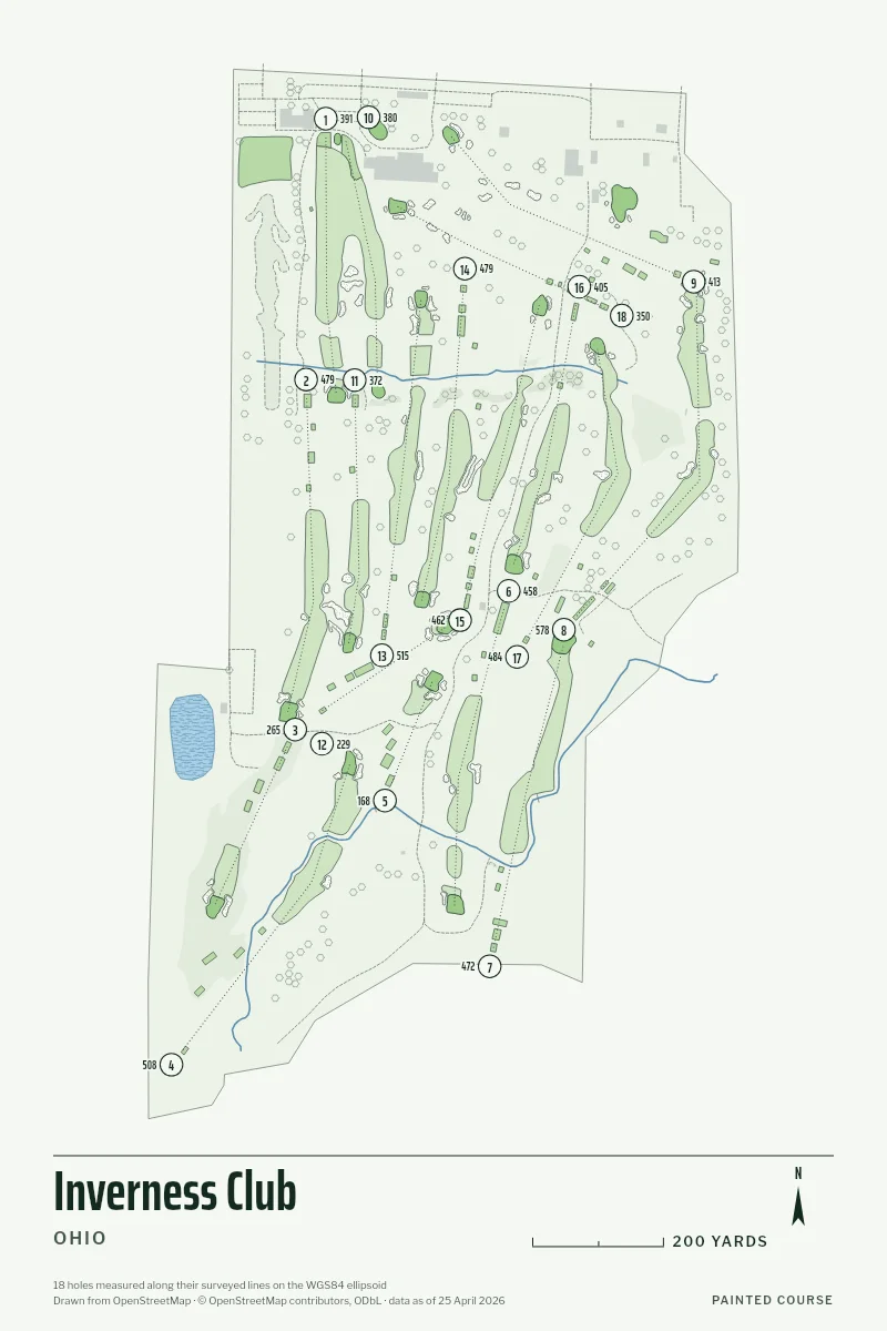 Inverness Club, Ohio, USA, drawn in the Yardage style from its OpenStreetMap survey: 18 holes, each numbered at its tee with its measured yards beside it.