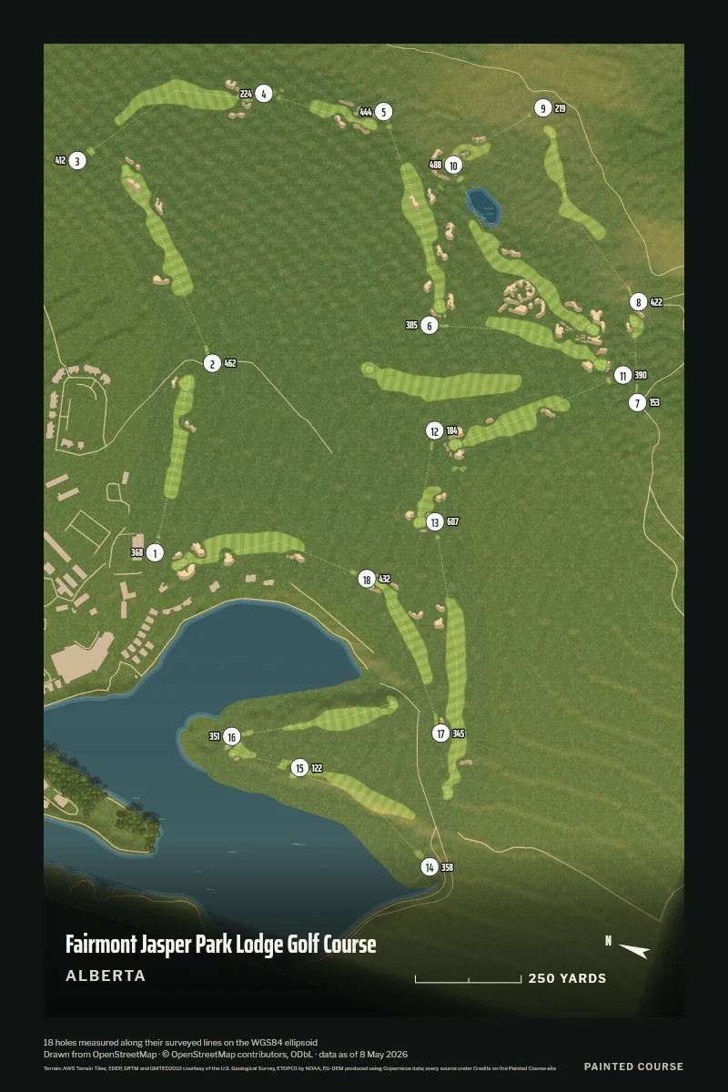 Fairmont Jasper Park Lodge Golf Course, Alberta, Canada, drawn in the Aerial style from its OpenStreetMap survey: 18 holes, each numbered at its tee with its measured yards beside it.