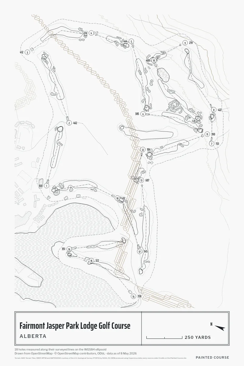 Fairmont Jasper Park Lodge Golf Course, Alberta, Canada, drawn in the Architect style from its OpenStreetMap survey: 18 holes, each numbered at its tee with its measured yards beside it.