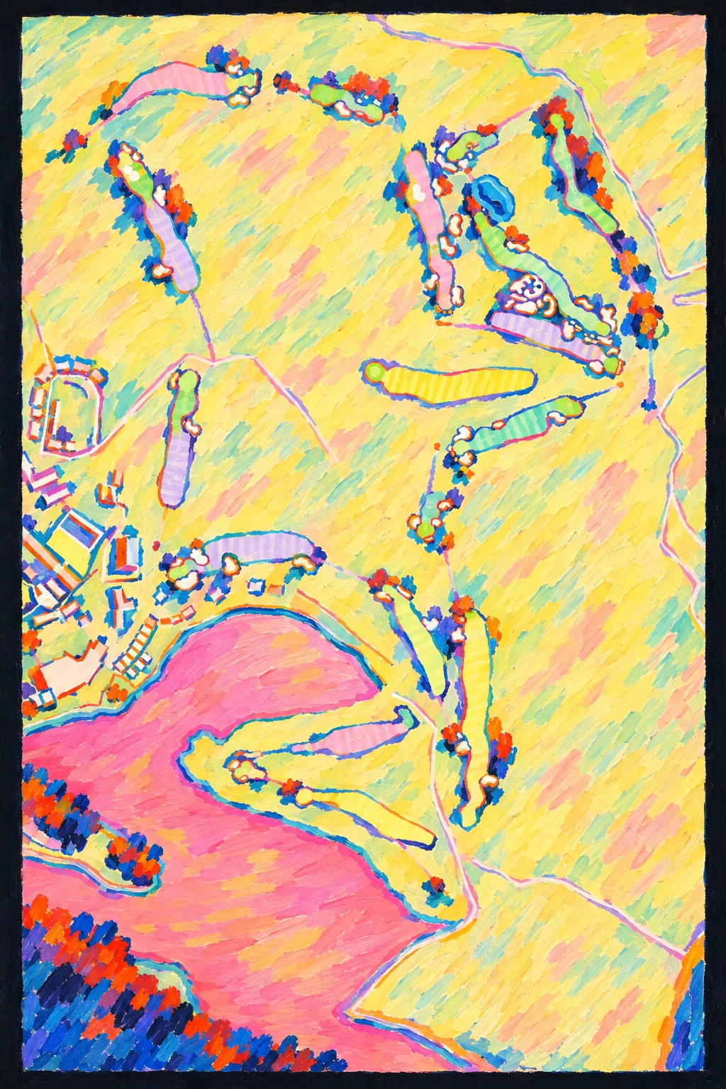 Fairmont Jasper Park Lodge Golf Course, Alberta, Canada, seen from above and painted in the Fauve manner after the Fauves of 1905: the routing of its 18 holes, its greens and its bunkers, in paint.