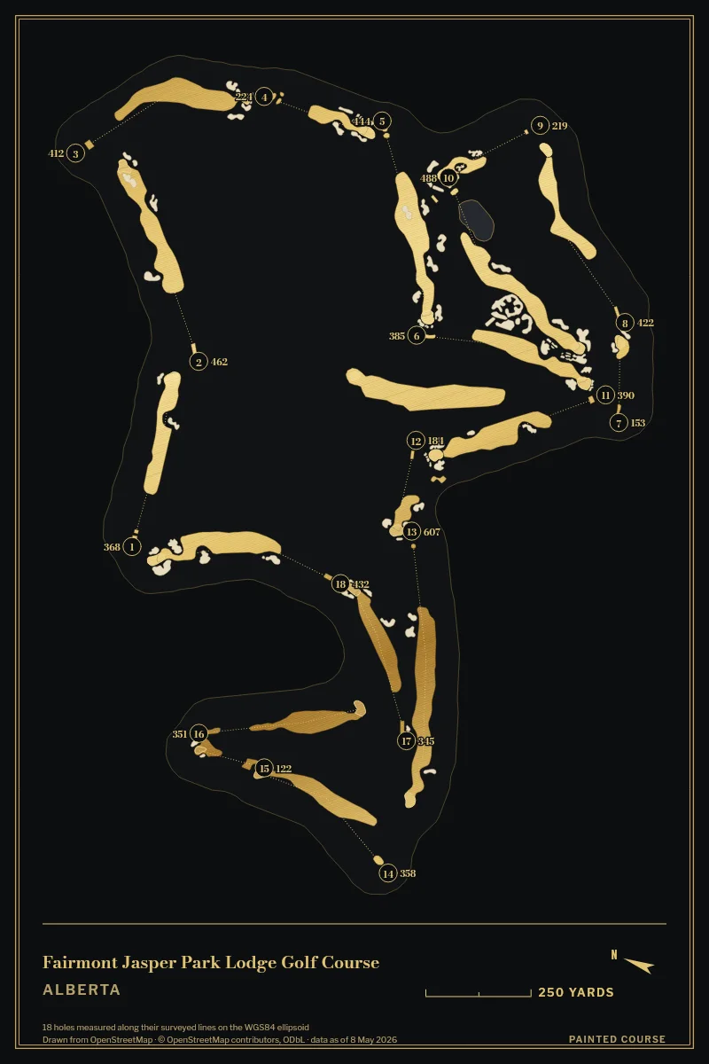Fairmont Jasper Park Lodge Golf Course, Alberta, Canada, drawn in the Gilt style from its OpenStreetMap survey: 18 holes, each numbered at its tee with its measured yards beside it.