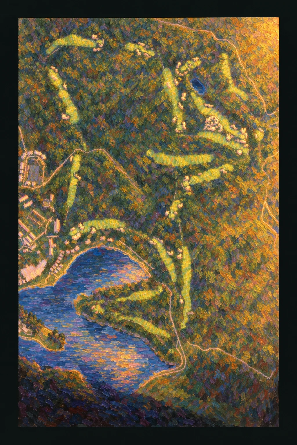 Fairmont Jasper Park Lodge Golf Course, Alberta, Canada, seen from above and painted in the Impressionist manner after Claude Monet: the routing of its 18 holes, its greens and its bunkers, in paint.