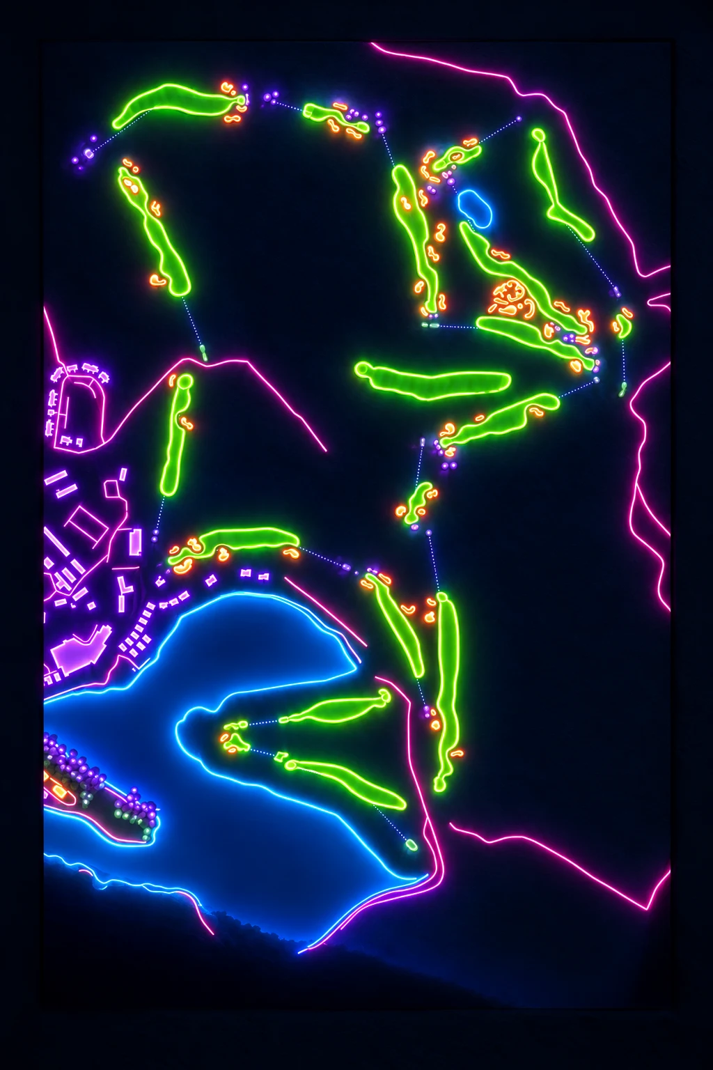 Fairmont Jasper Park Lodge Golf Course, Alberta, Canada, seen from above and painted in the Neon manner: the routing of its 18 holes, its greens and its bunkers, in paint.