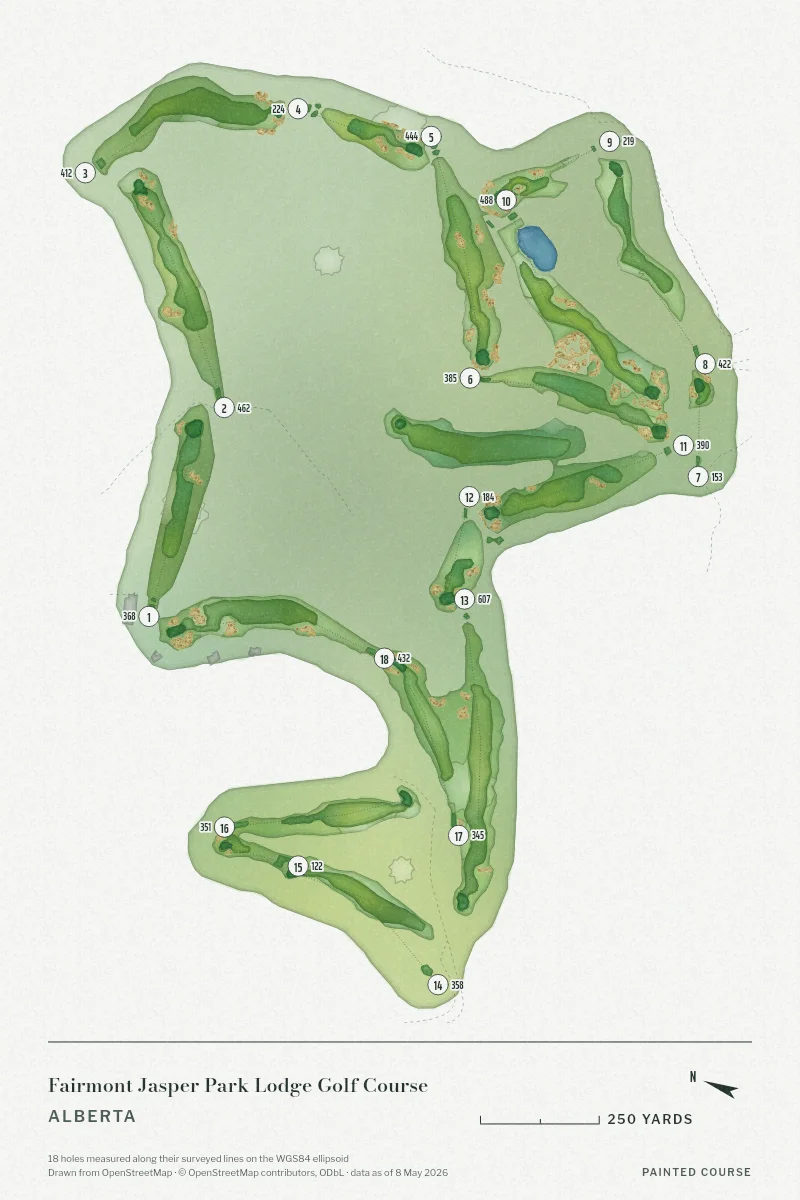 Fairmont Jasper Park Lodge Golf Course, Alberta, Canada, drawn in the Watercolour style from its OpenStreetMap survey: 18 holes, each numbered at its tee with its measured yards beside it.