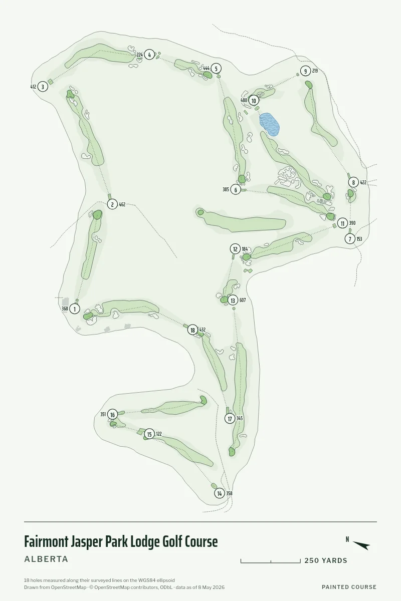 Fairmont Jasper Park Lodge Golf Course, Alberta, Canada, drawn in the Yardage style from its OpenStreetMap survey: 18 holes, each numbered at its tee with its measured yards beside it.