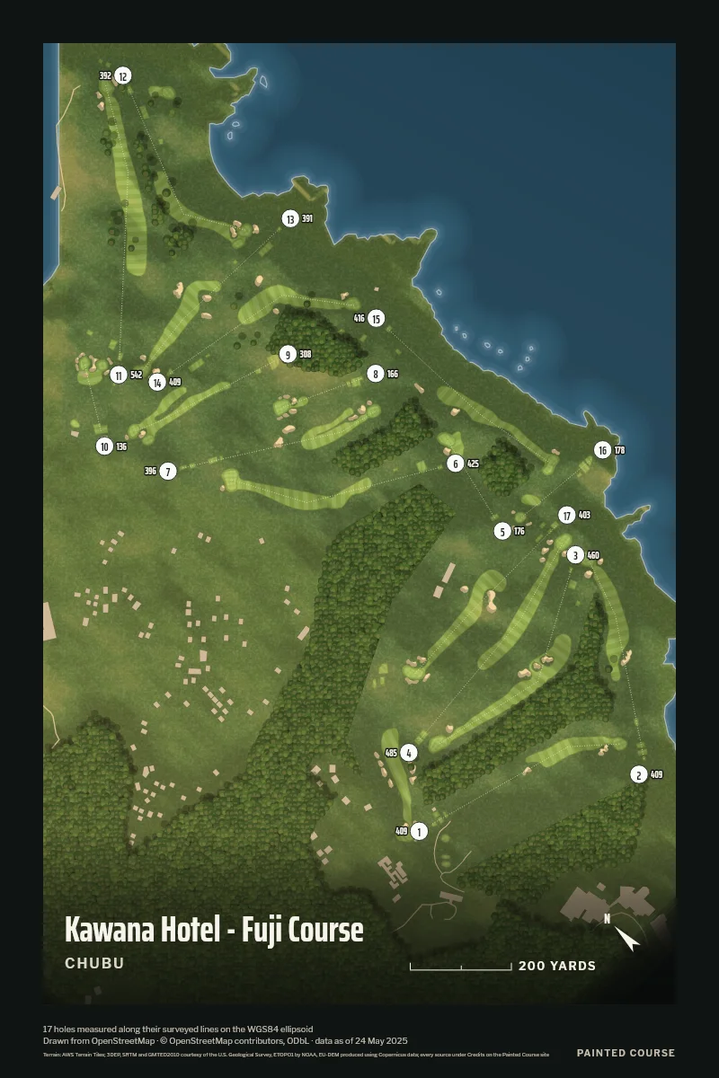 Kawana Hotel - Fuji Course, Chubu, Japan, drawn in the Aerial style from its OpenStreetMap survey: 17 holes, each numbered at its tee with its measured yards beside it.