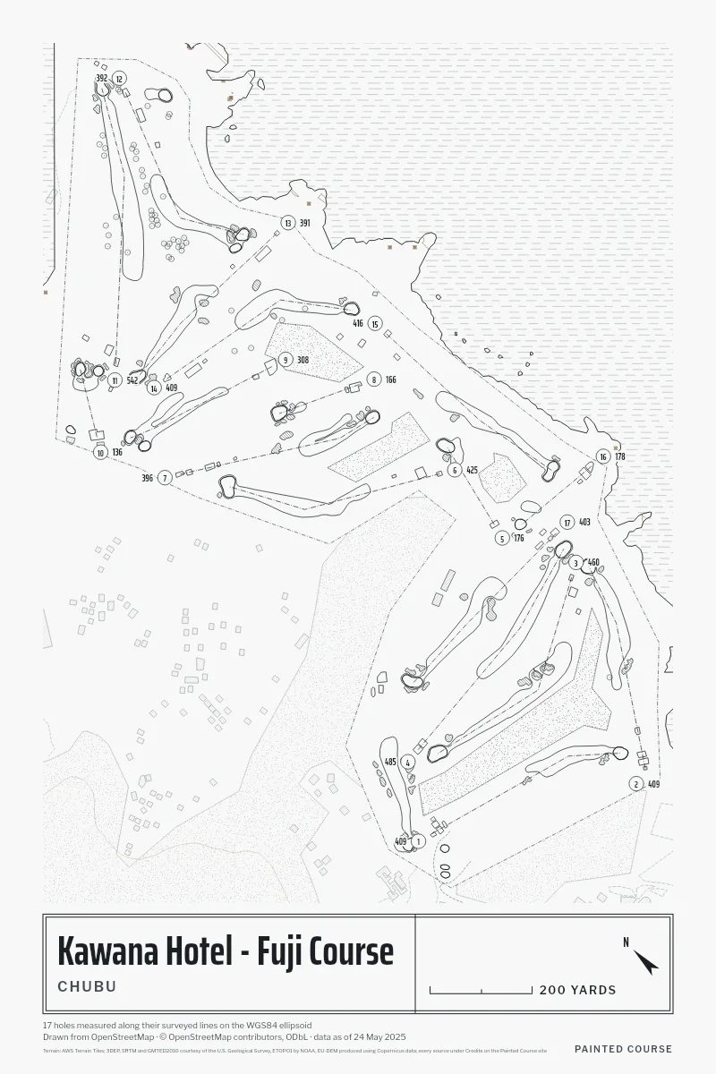 Kawana Hotel - Fuji Course, Chubu, Japan, drawn in the Architect style from its OpenStreetMap survey: 17 holes, each numbered at its tee with its measured yards beside it.
