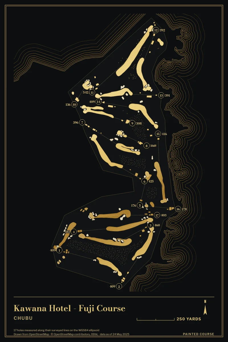 Kawana Hotel - Fuji Course, Chubu, Japan, drawn in the Gilt style from its OpenStreetMap survey: 17 holes, each numbered at its tee with its measured yards beside it.