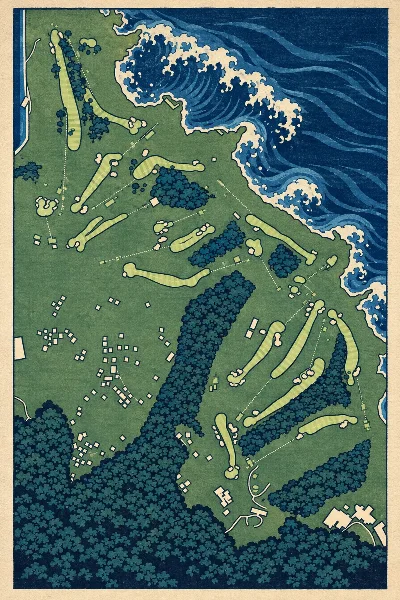 Kawana Hotel - Fuji Course, Chubu, Japan, drawn in the Gilt style from its OpenStreetMap survey: 17 holes, each numbered at its tee with its measured yards beside it.