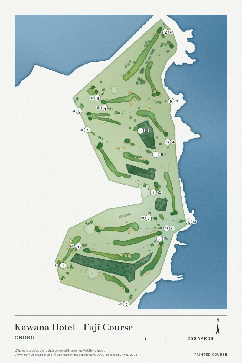 Kawana Hotel - Fuji Course, Chubu, Japan, drawn in the Watercolour style from its OpenStreetMap survey: 17 holes, each numbered at its tee with its measured yards beside it.