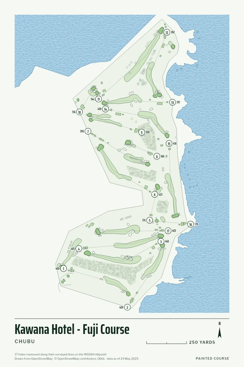 Kawana Hotel - Fuji Course, Chubu, Japan, drawn in the Yardage style from its OpenStreetMap survey: 17 holes, each numbered at its tee with its measured yards beside it.