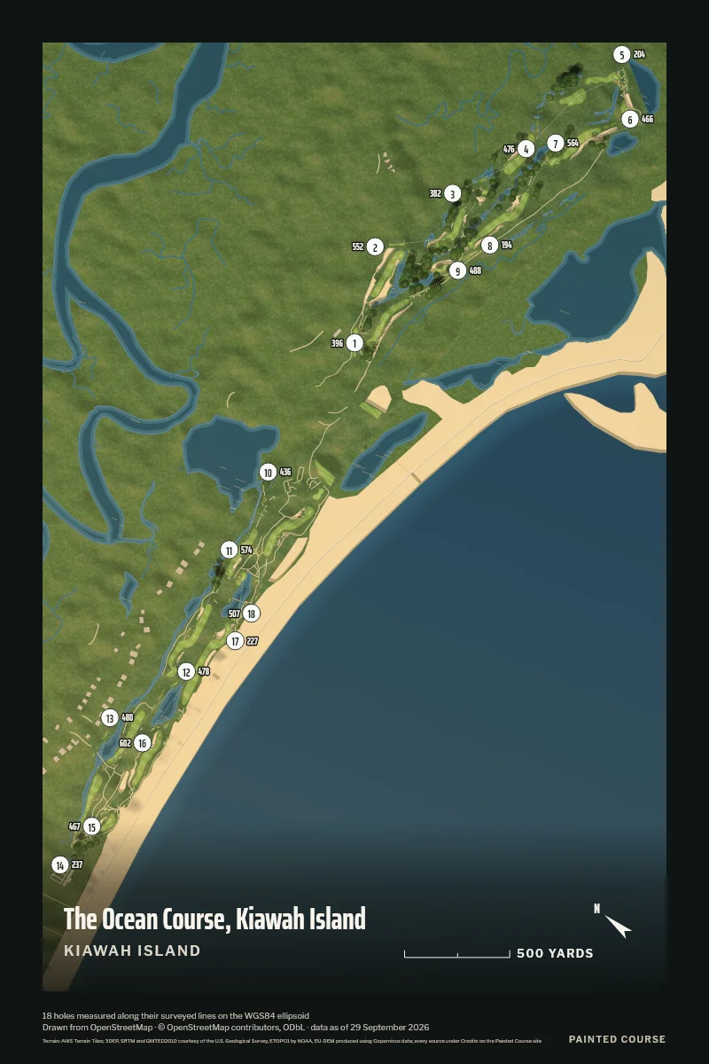 The Ocean Course, Kiawah Island, Kiawah Island, South Carolina, USA, drawn in the Aerial style from its OpenStreetMap survey: 18 holes, each numbered at its tee with its measured yards beside it.