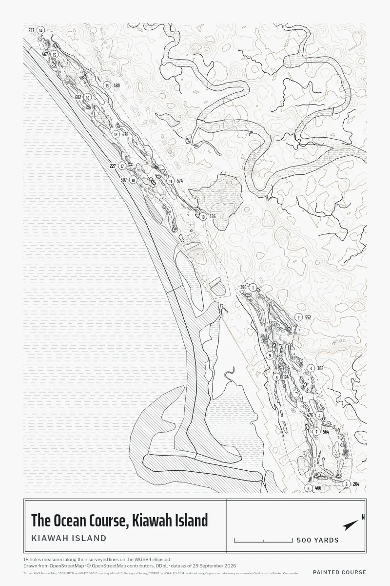 The Ocean Course, Kiawah Island, Kiawah Island, South Carolina, USA, drawn in the Architect style from its OpenStreetMap survey: 18 holes, each numbered at its tee with its measured yards beside it.