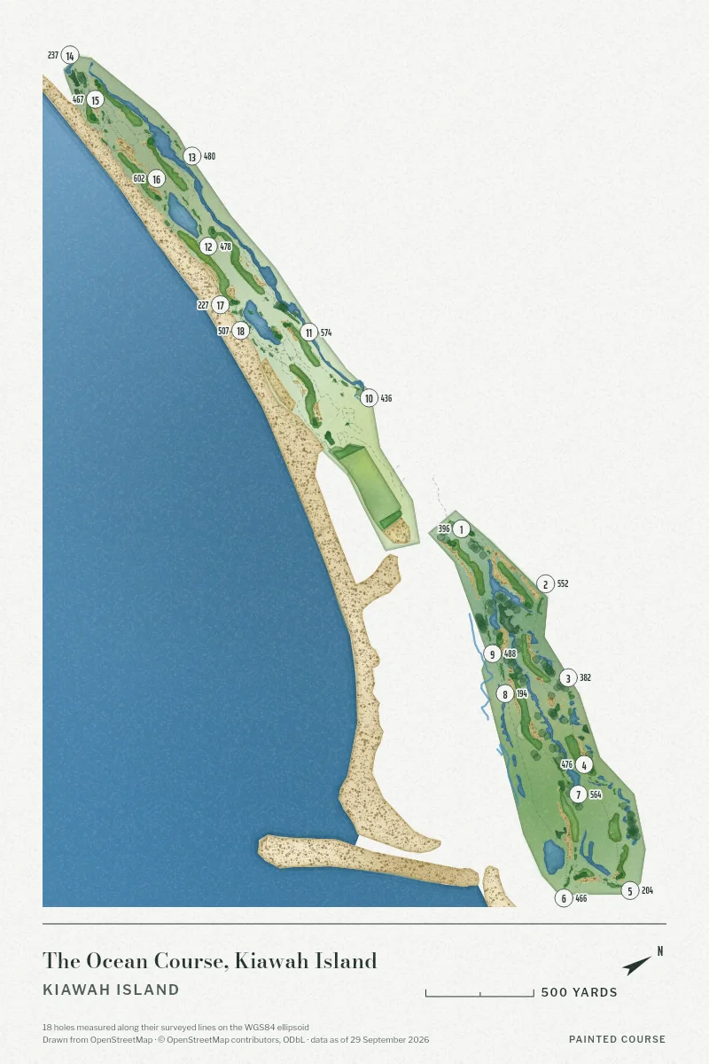 The Ocean Course, Kiawah Island, Kiawah Island, South Carolina, USA, drawn in the Watercolour style from its OpenStreetMap survey: 18 holes, each numbered at its tee with its measured yards beside it.