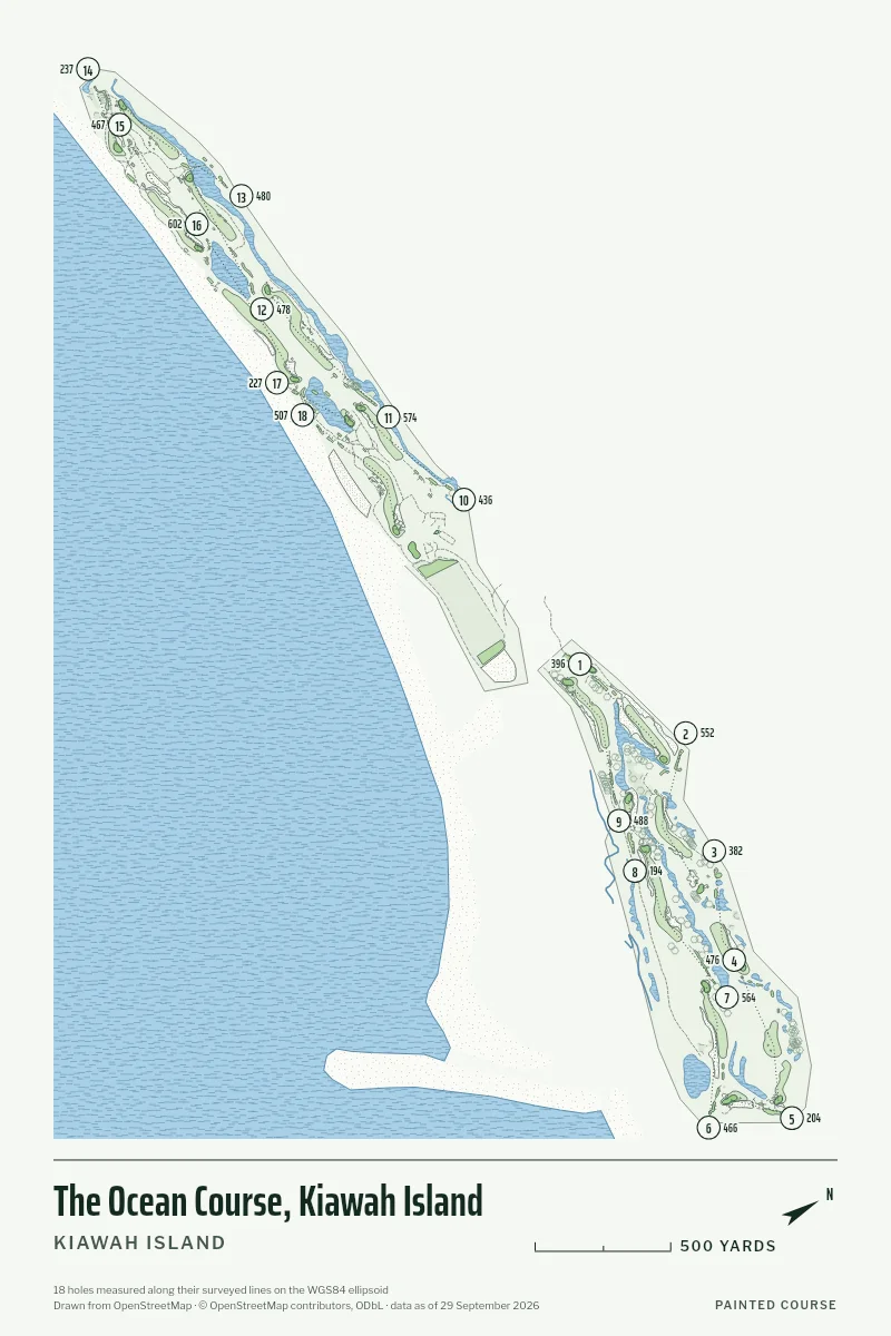 The Ocean Course, Kiawah Island, Kiawah Island, South Carolina, USA, drawn in the Yardage style from its OpenStreetMap survey: 18 holes, each numbered at its tee with its measured yards beside it.