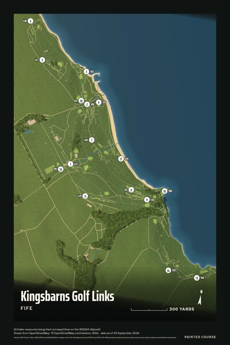 Kingsbarns Golf Links, Fife, Scotland, drawn in the Aerial style from its OpenStreetMap survey: 16 holes, each numbered at its tee with its measured yards beside it.