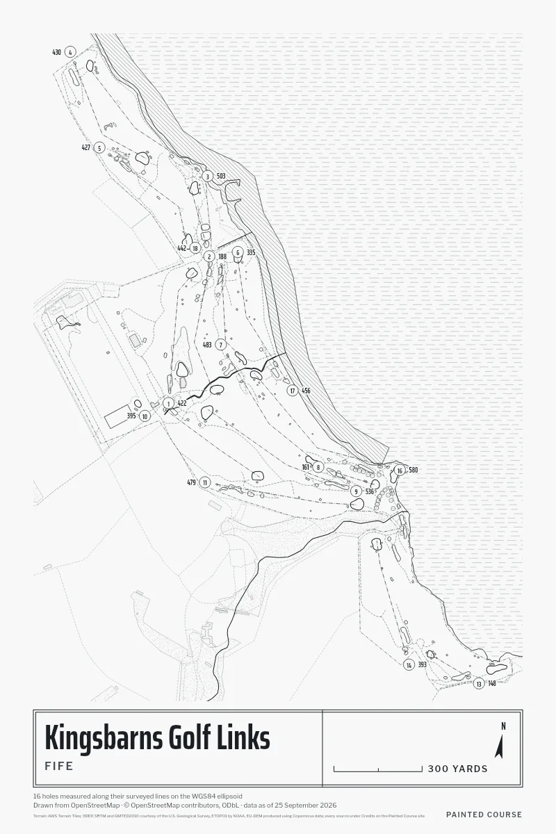 Kingsbarns Golf Links, Fife, Scotland, drawn in the Architect style from its OpenStreetMap survey: 16 holes, each numbered at its tee with its measured yards beside it.