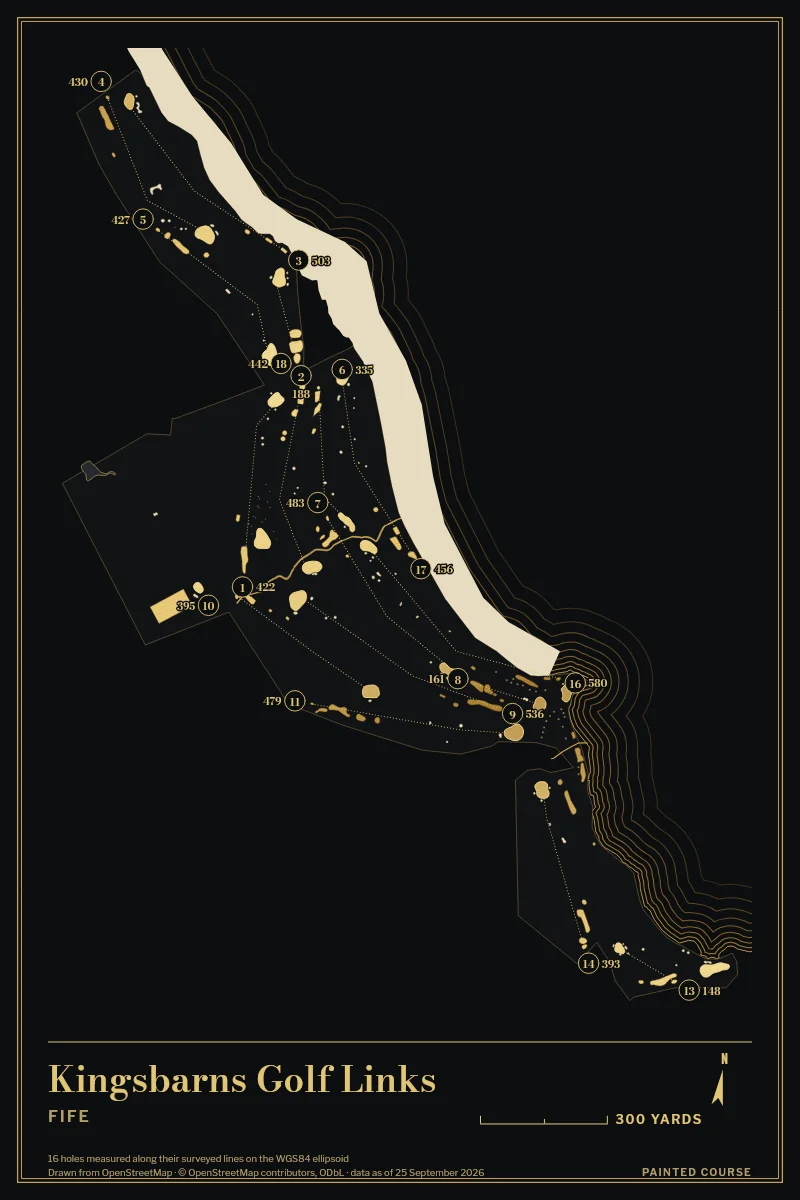 Kingsbarns Golf Links, Fife, Scotland, drawn in the Gilt style from its OpenStreetMap survey: 16 holes, each numbered at its tee with its measured yards beside it.