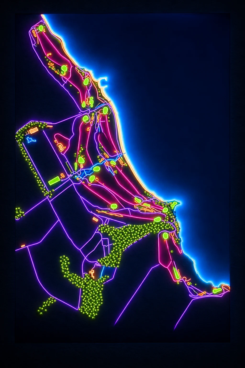 Kingsbarns Golf Links, Fife, Scotland, seen from above and painted in the Neon manner: the routing of its 16 holes, its greens and its bunkers, in paint.