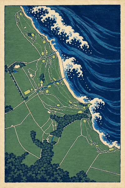 Kingsbarns Golf Links, Fife, Scotland, drawn in the Gilt style from its OpenStreetMap survey: 16 holes, each numbered at its tee with its measured yards beside it.
