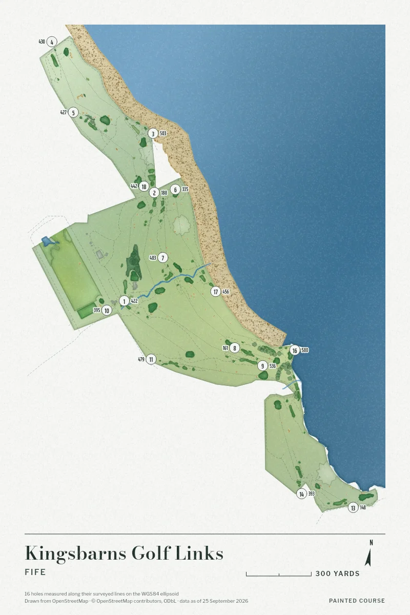 Kingsbarns Golf Links, Fife, Scotland, drawn in the Watercolour style from its OpenStreetMap survey: 16 holes, each numbered at its tee with its measured yards beside it.