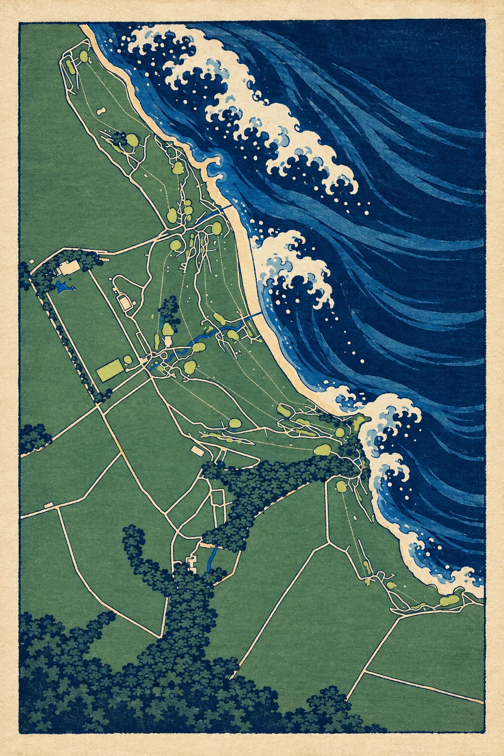 Kingsbarns Golf Links, Fife, Scotland, seen from above and painted in the Woodblock manner after Katsushika Hokusai: the routing of its 16 holes, its greens and its bunkers, in paint.