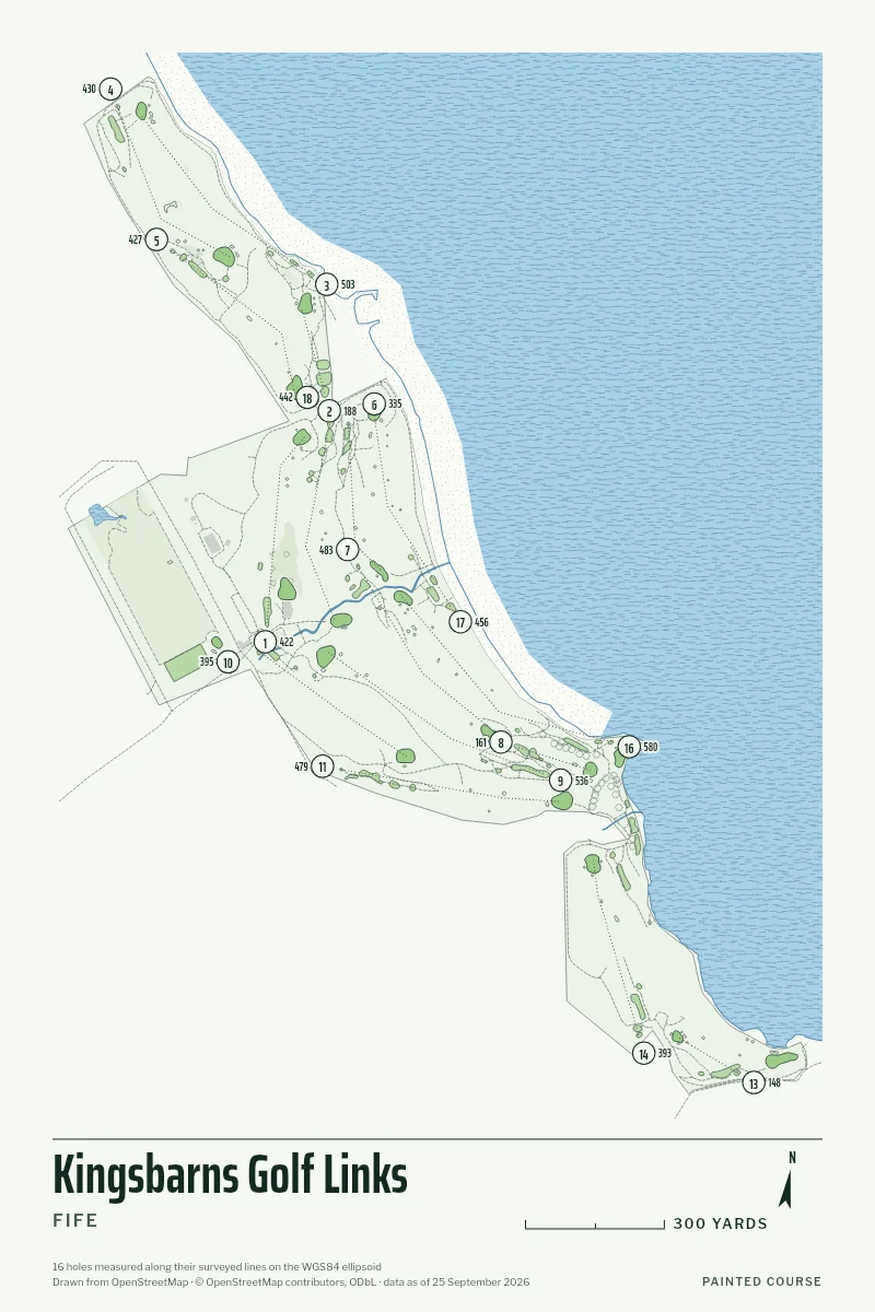 Kingsbarns Golf Links, Fife, Scotland, drawn in the Yardage style from its OpenStreetMap survey: 16 holes, each numbered at its tee with its measured yards beside it.