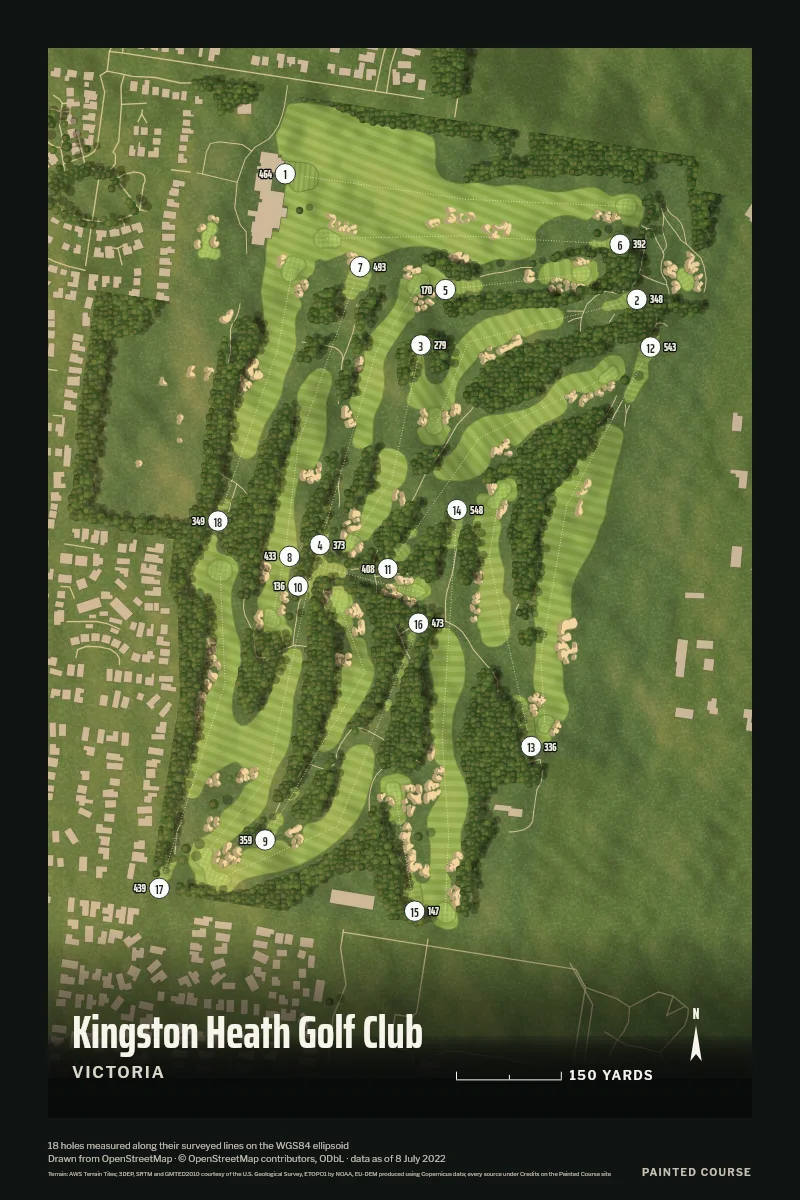 Kingston Heath Golf Club, Victoria, Australia, drawn in the Aerial style from its OpenStreetMap survey: 18 holes, each numbered at its tee with its measured yards beside it.