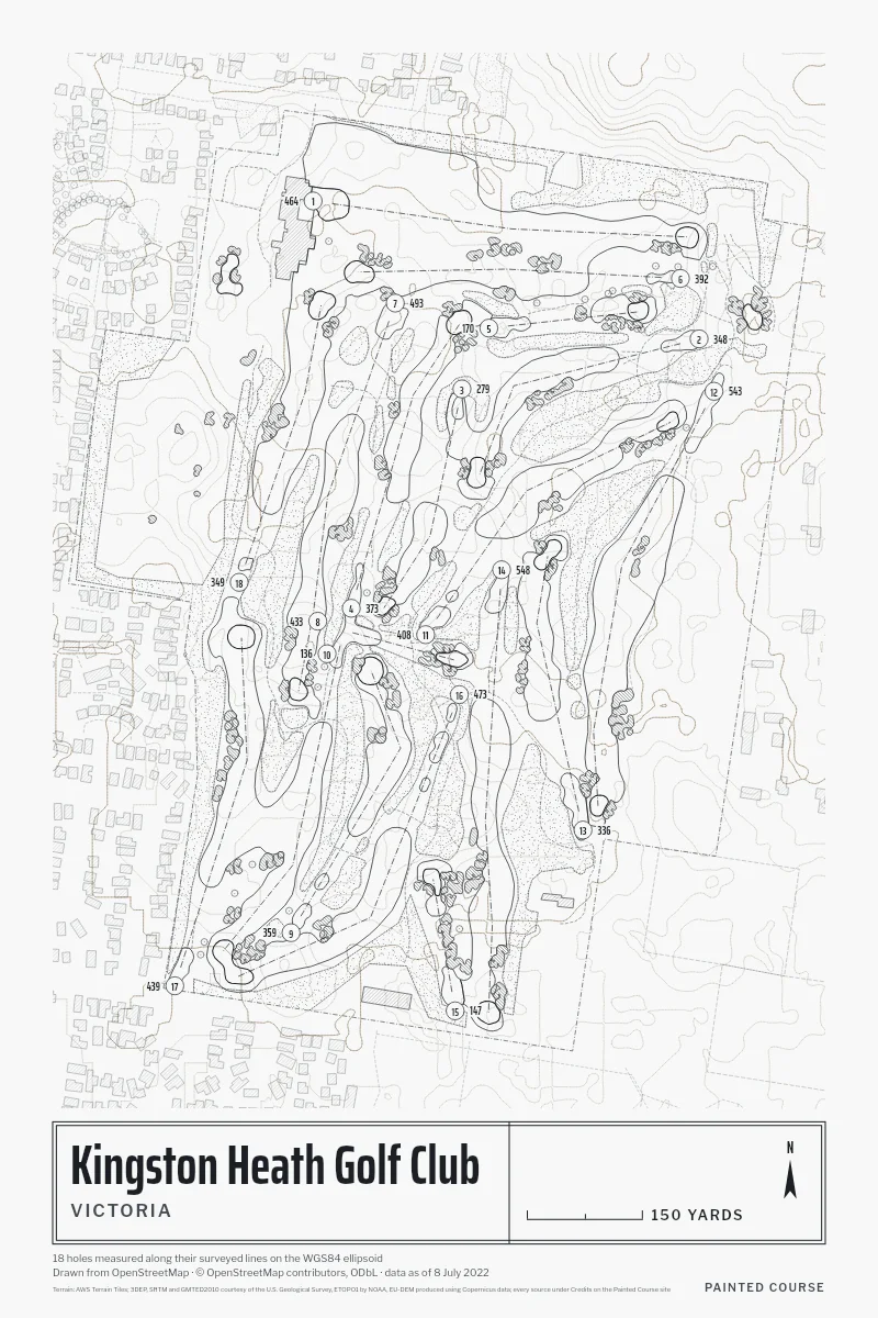 Kingston Heath Golf Club, Victoria, Australia, drawn in the Architect style from its OpenStreetMap survey: 18 holes, each numbered at its tee with its measured yards beside it.