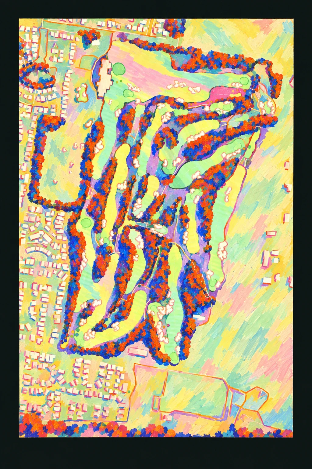 Kingston Heath Golf Club, Victoria, Australia, seen from above and painted in the Fauve manner after the Fauves of 1905: the routing of its 18 holes, its greens and its bunkers, in paint.