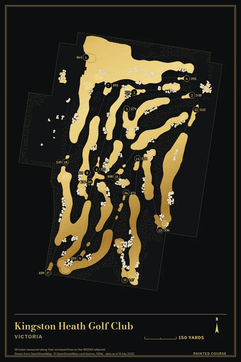 Kingston Heath Golf Club, Victoria, Australia, drawn in the Gilt style from its OpenStreetMap survey: 18 holes, each numbered at its tee with its measured yards beside it.