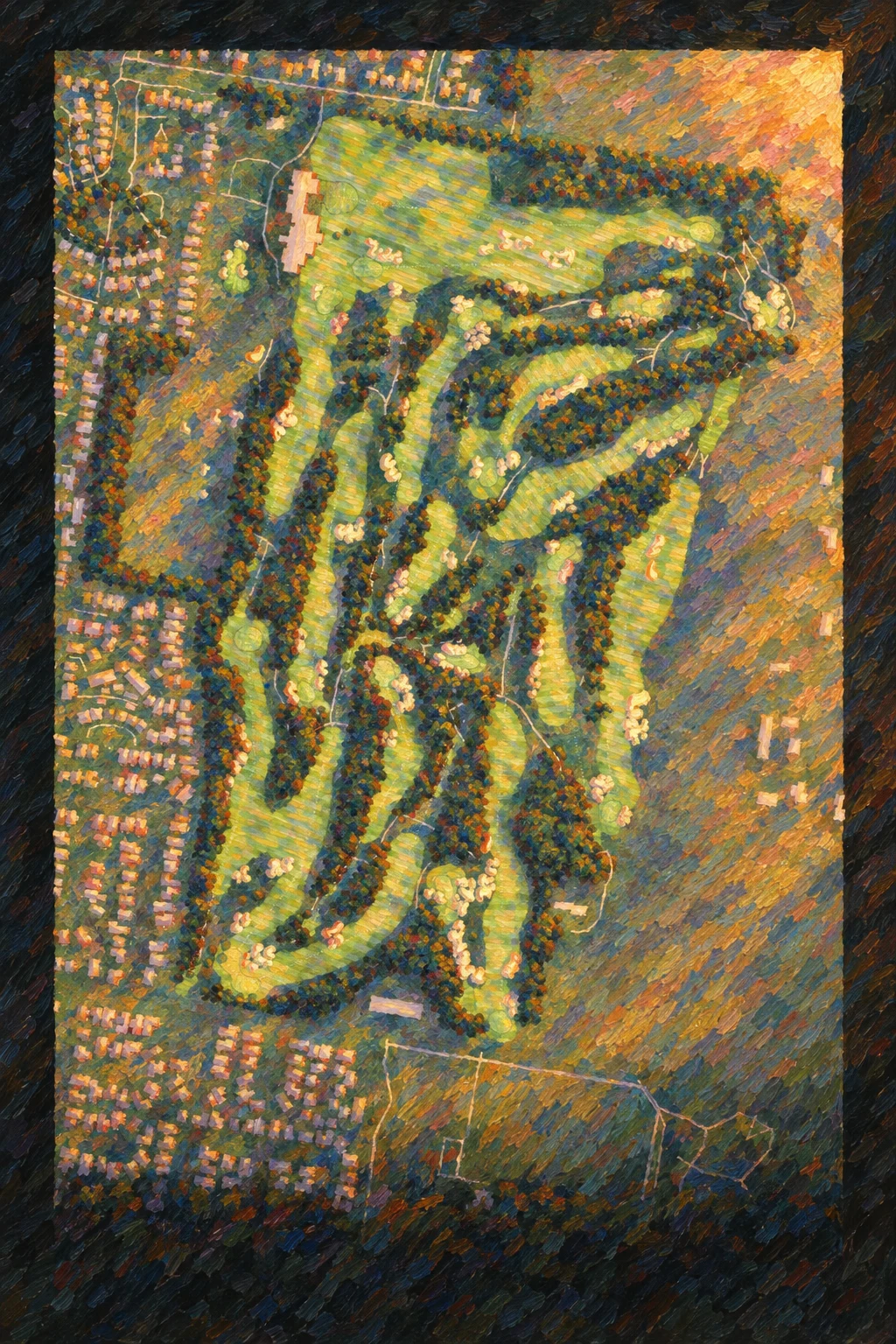 Kingston Heath Golf Club, Victoria, Australia, seen from above and painted in the Impressionist manner after Claude Monet: the routing of its 18 holes, its greens and its bunkers, in paint.