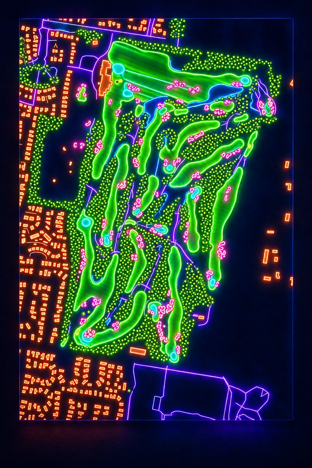 Kingston Heath Golf Club, Victoria, Australia, seen from above and painted in the Neon manner: the routing of its 18 holes, its greens and its bunkers, in paint.