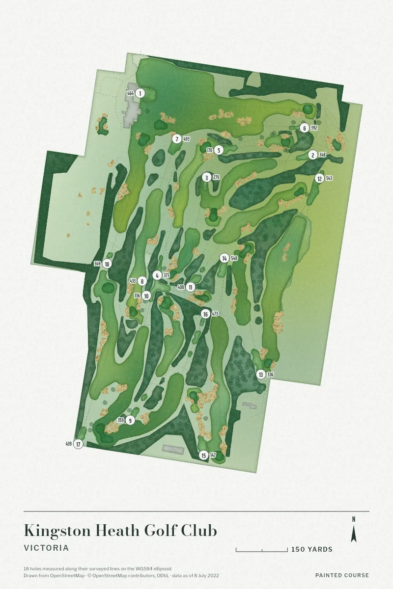 Kingston Heath Golf Club, Victoria, Australia, drawn in the Watercolour style from its OpenStreetMap survey: 18 holes, each numbered at its tee with its measured yards beside it.