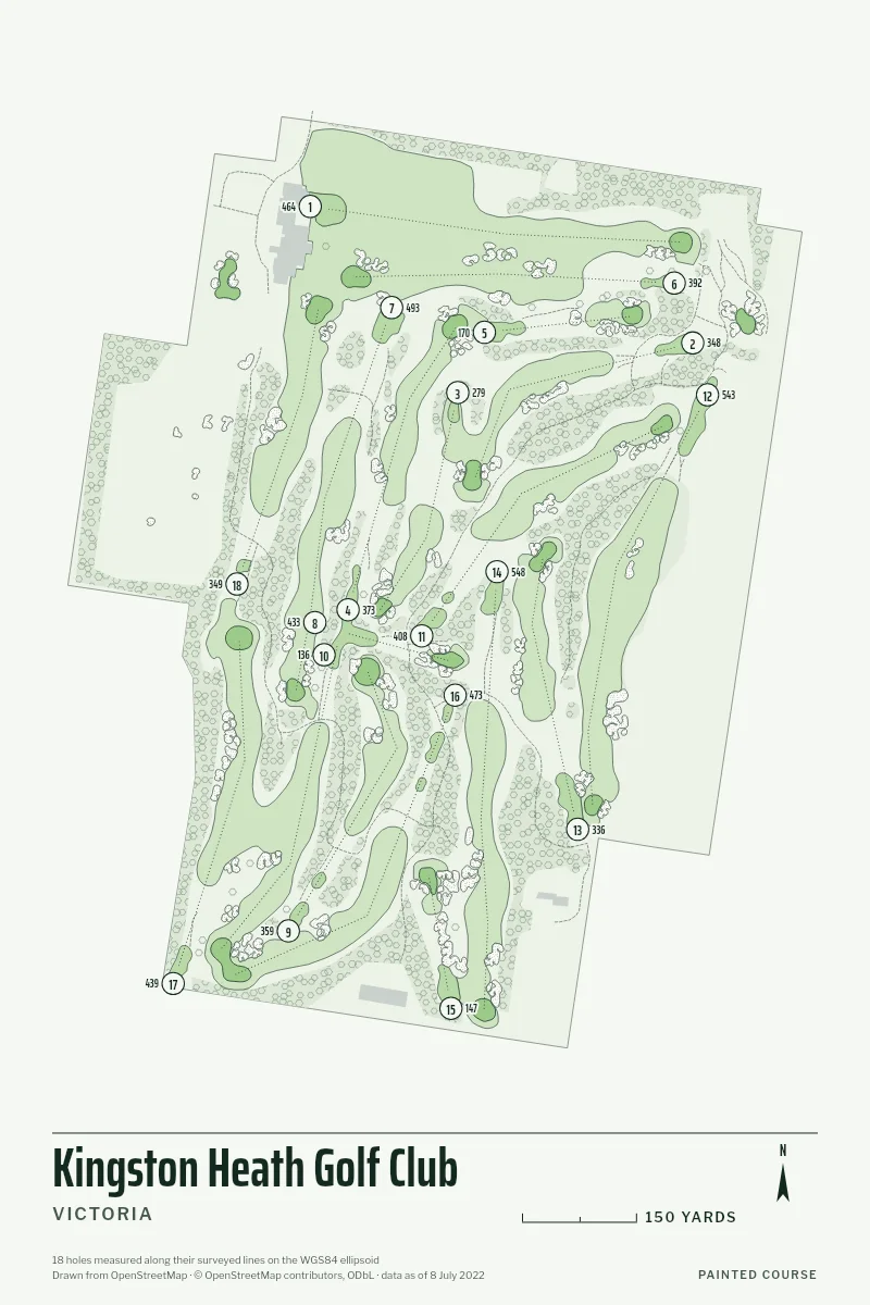 Kingston Heath Golf Club, Victoria, Australia, drawn in the Yardage style from its OpenStreetMap survey: 18 holes, each numbered at its tee with its measured yards beside it.