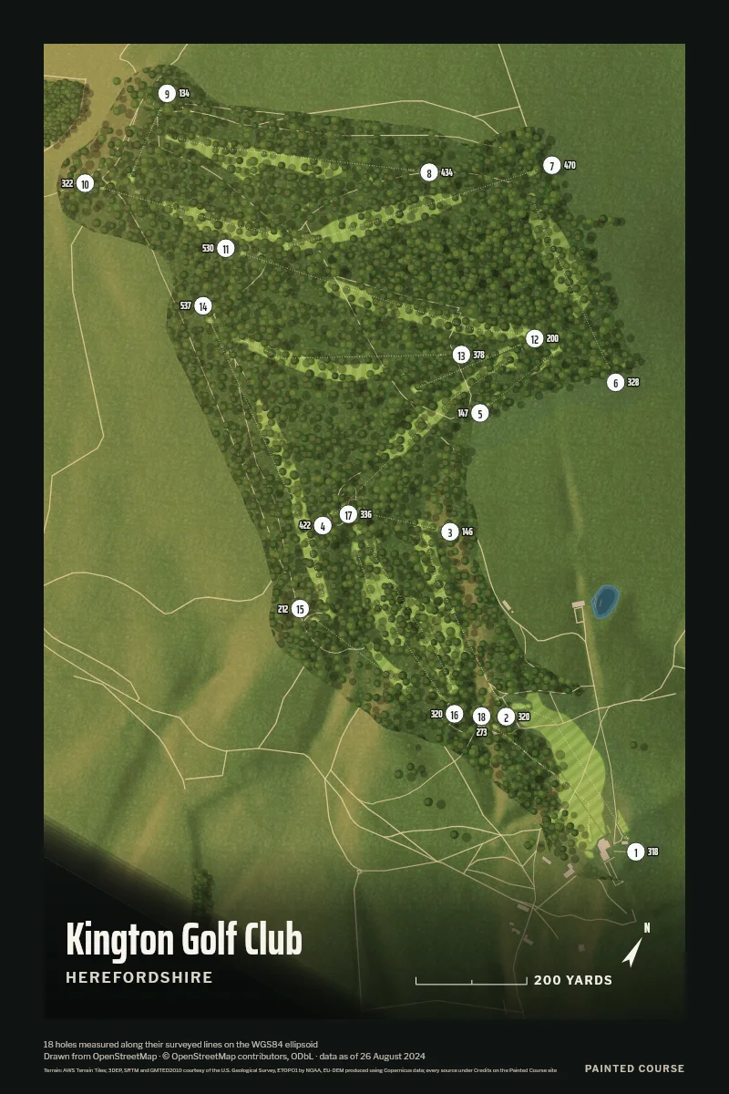 Kington Golf Club, Herefordshire, England, drawn in the Aerial style from its OpenStreetMap survey: 18 holes, each numbered at its tee with its measured yards beside it.