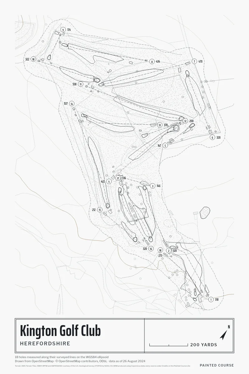 Kington Golf Club, Herefordshire, England, drawn in the Architect style from its OpenStreetMap survey: 18 holes, each numbered at its tee with its measured yards beside it.