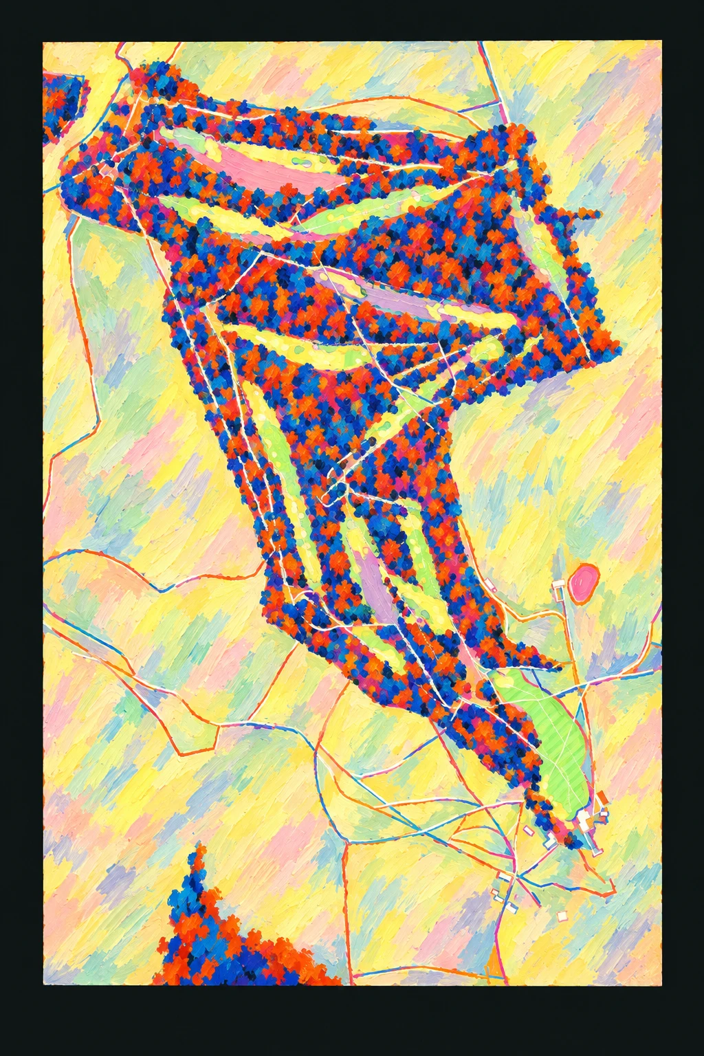 Kington Golf Club, Herefordshire, England, seen from above and painted in the Fauve manner after the Fauves of 1905: the routing of its 18 holes, its greens and its bunkers, in paint.