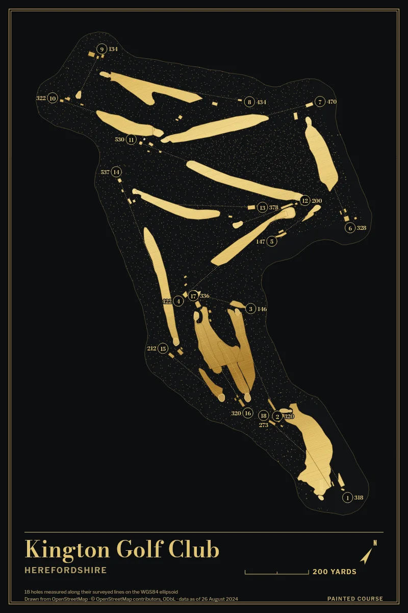 Kington Golf Club, Herefordshire, England, drawn in the Gilt style from its OpenStreetMap survey: 18 holes, each numbered at its tee with its measured yards beside it.