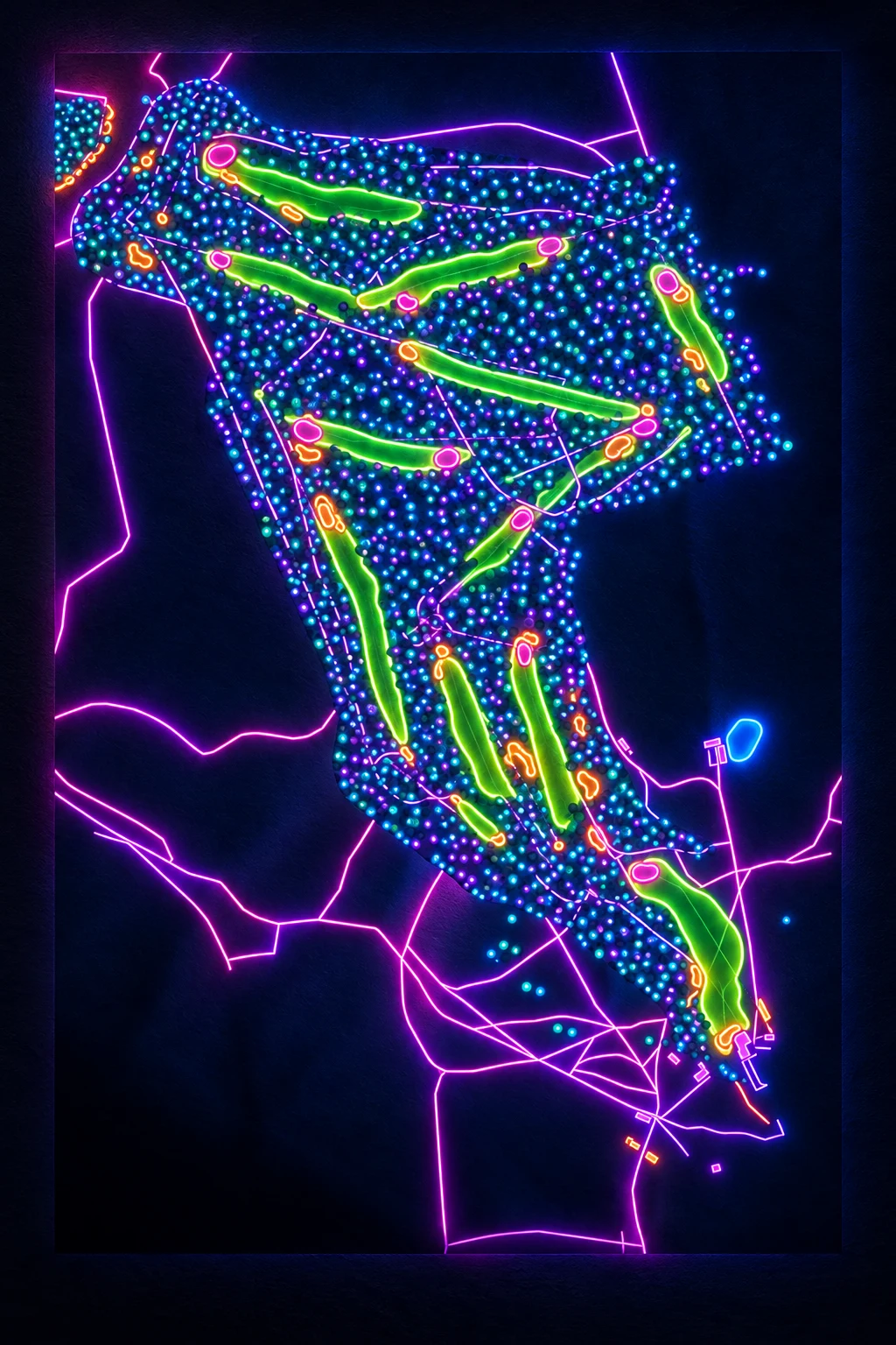 Kington Golf Club, Herefordshire, England, seen from above and painted in the Neon manner: the routing of its 18 holes, its greens and its bunkers, in paint.