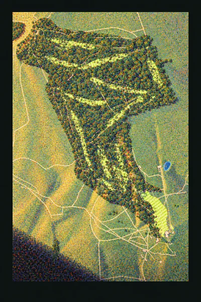 Kington Golf Club, Herefordshire, England, drawn in the Gilt style from its OpenStreetMap survey: 18 holes, each numbered at its tee with its measured yards beside it.