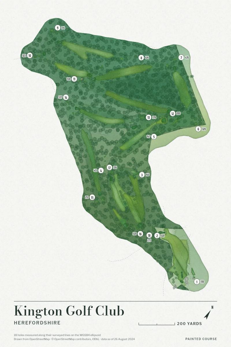Kington Golf Club, Herefordshire, England, drawn in the Watercolour style from its OpenStreetMap survey: 18 holes, each numbered at its tee with its measured yards beside it.