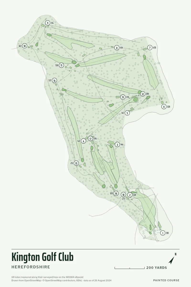 Kington Golf Club, Herefordshire, England, drawn in the Yardage style from its OpenStreetMap survey: 18 holes, each numbered at its tee with its measured yards beside it.