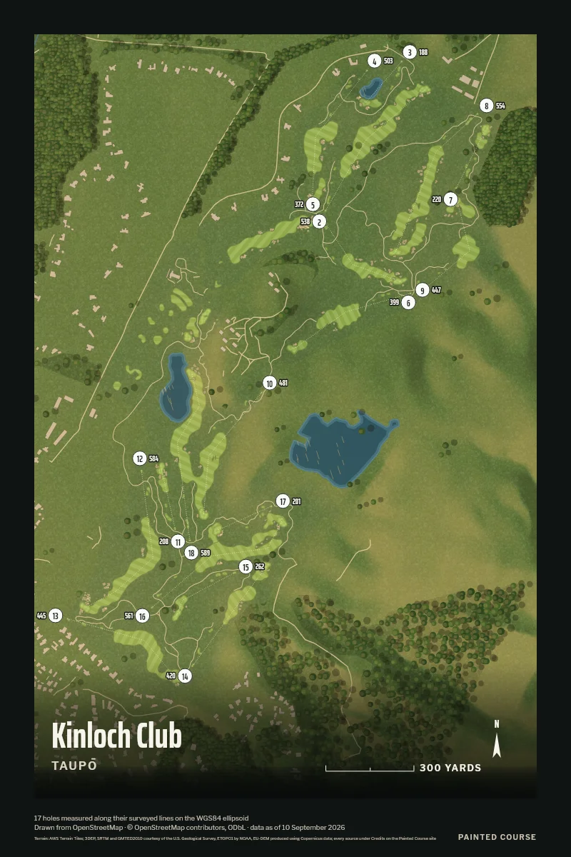 Kinloch Club, Taupō, New Zealand, drawn in the Aerial style from its OpenStreetMap survey: 17 holes, each numbered at its tee with its measured yards beside it.