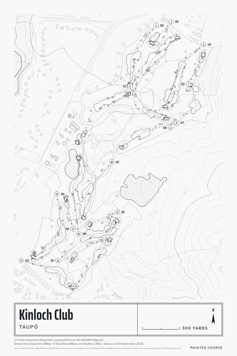 Kinloch Club, Taupō, New Zealand, drawn in the Architect style from its OpenStreetMap survey: 17 holes, each numbered at its tee with its measured yards beside it.