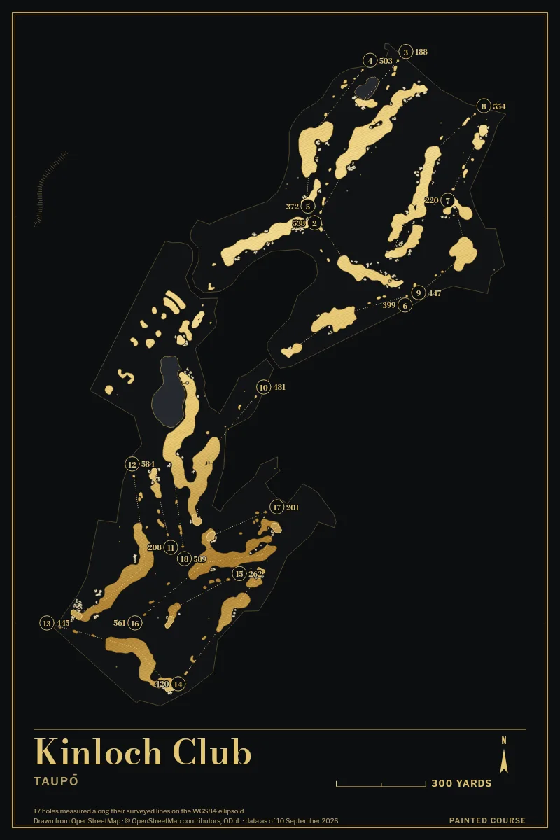 Kinloch Club, Taupō, New Zealand, drawn in the Gilt style from its OpenStreetMap survey: 17 holes, each numbered at its tee with its measured yards beside it.
